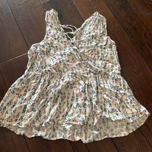 Pink floral tank top with lace up back